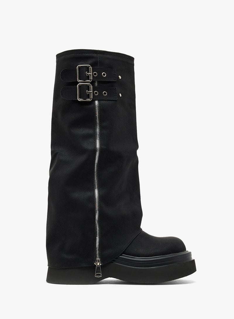 Ginger Platform Heel Slouched Biker Boots - Image 1