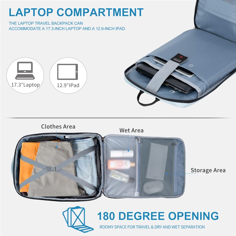 EMPSIGN Carry on Travel Backpack for Women & Men, 17 inch Large TSA Friendly Laptop Backpack with USB Port, Airline Approved Carry On Luggage, Travel Essentials, Weekender Overnight Bags, Light Blue - Image 3