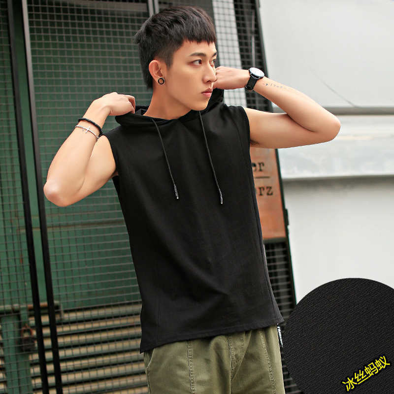 Mens Summer Korean Style Sleeveless T-Shirt Trendy Vest With Hoodie Short Sleeves Sweatshirt Bodycon Tee For Hot Weather Black [hooded vest] 