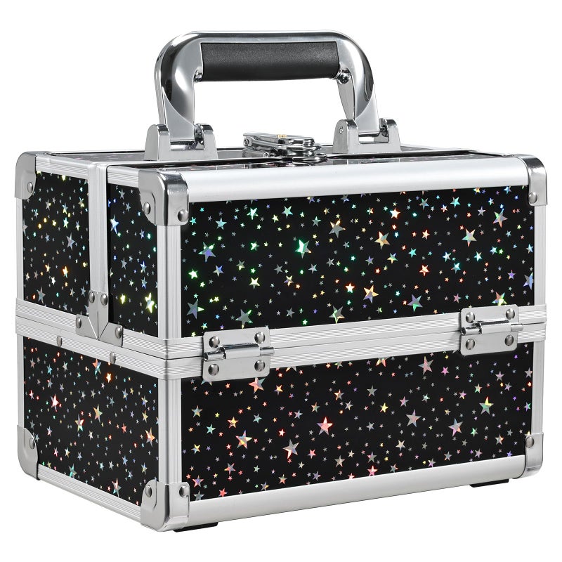 Joligrace Makeup Train Case Portable Cosmetic Box 2 Trays with Mirror Lockable for Makeup Nail Tech and Beauticians Traveling Makeup Storage Organizer - Black Star - Image 1