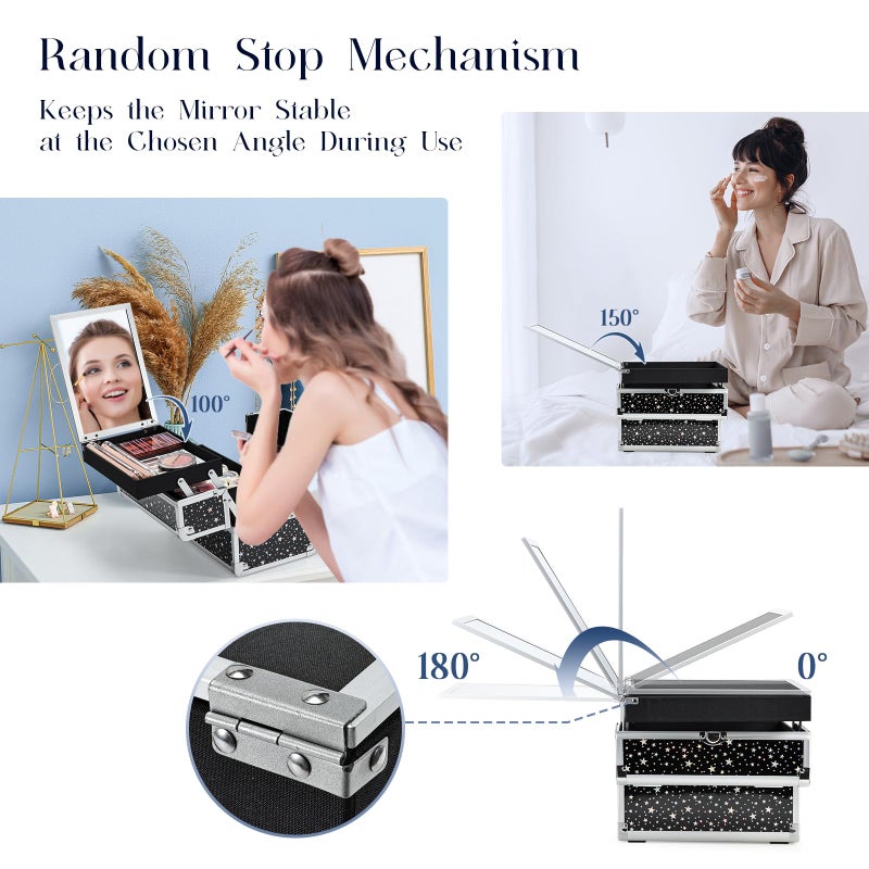 Joligrace Makeup Train Case Portable Cosmetic Box 2 Trays with Mirror Lockable for Makeup Nail Tech and Beauticians Traveling Makeup Storage Organizer - Black Star - Image 5