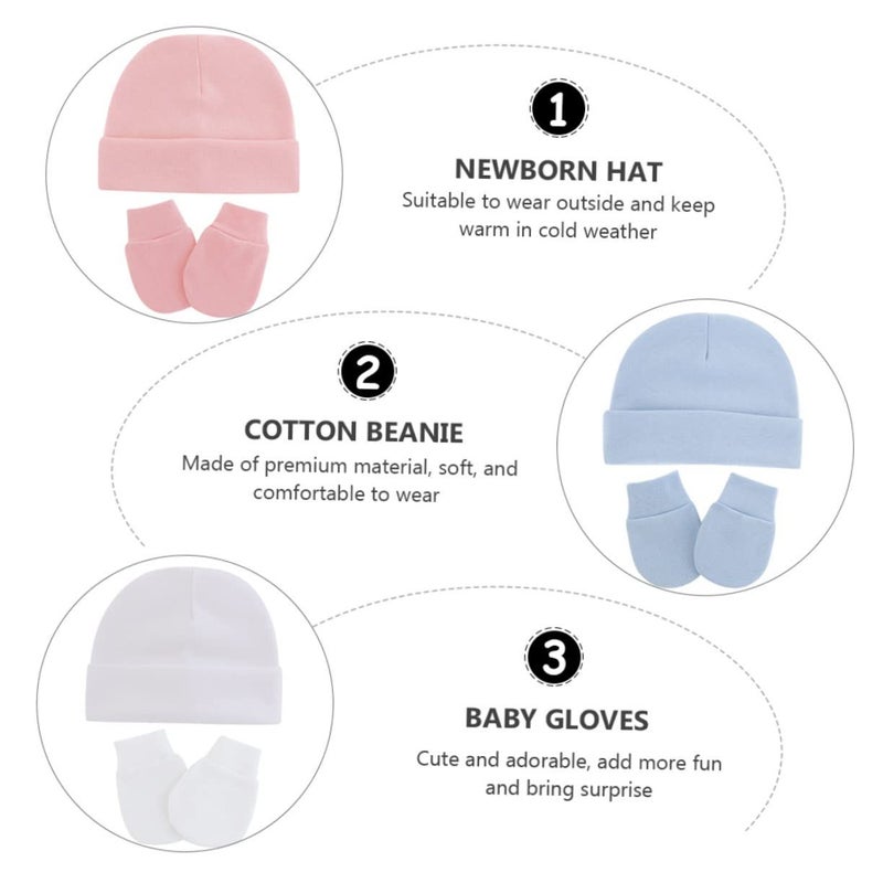 Newborn Infant Baby Hat And Gloves Set 100 Percent Cotton Beanie Anti Scratch Mittens 9 Piece Accessories For Boys Girls Warm Caps - Image 5