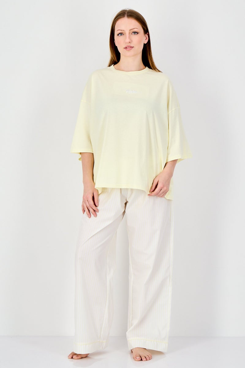 Fudo Women 2Pcs Embroidered Logo Pajama Top And Check Bottom, Multicolor - Image 1