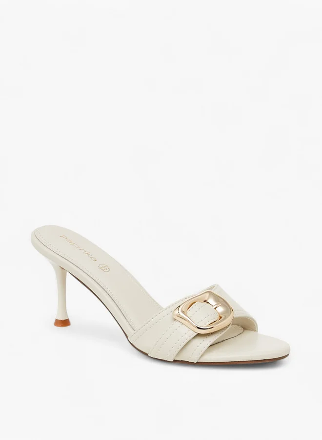 Paprika Buckle Accent Slip-On Sandals with Stiletto Heels