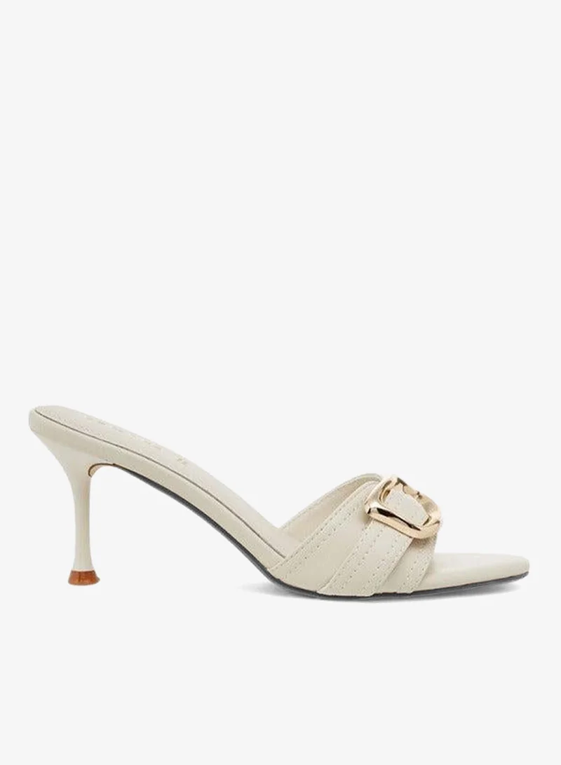 Paprika Buckle Accent Slip-On Sandals with Stiletto Heels