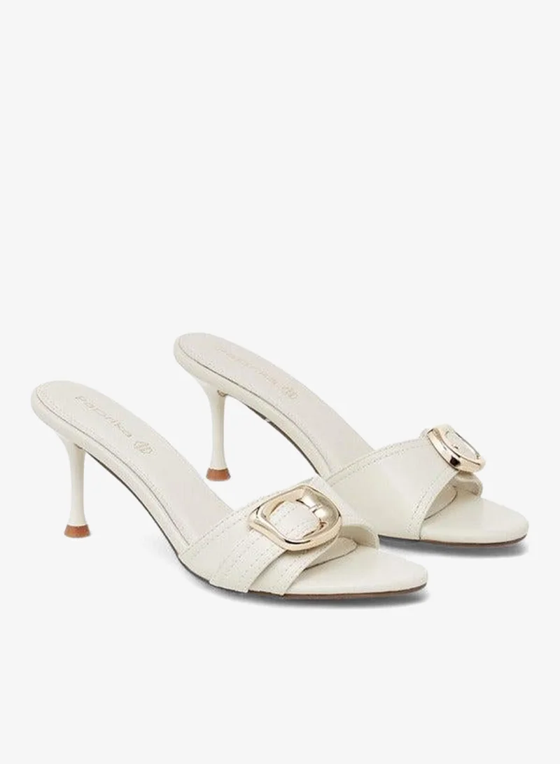 Paprika Buckle Accent Slip-On Sandals with Stiletto Heels