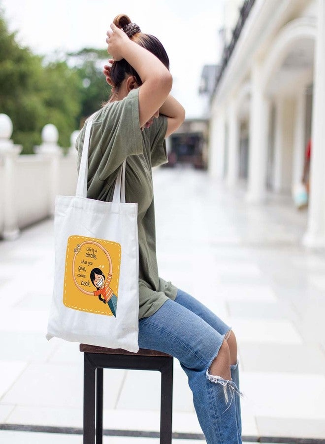 Clapcart Reusable Zipper Tote Bag for Women/Girls | Multipurpose 100% Organic Cotton Printed Tote Bags | Shopping/Grocery Bags | Sturdy Canvas Bag with 12kgs Capacity (Life Is Circle Print) - Image 2
