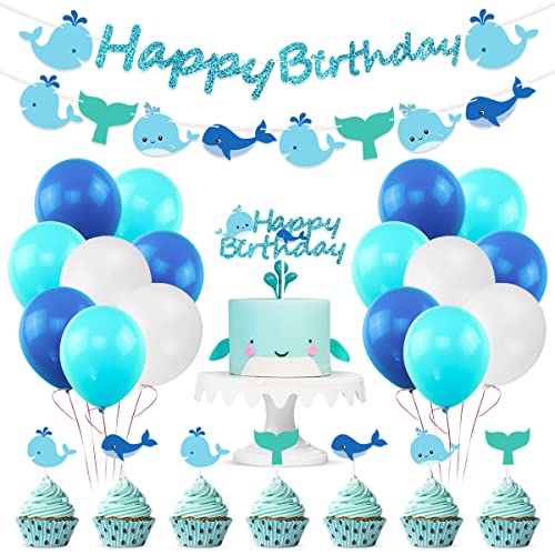 Hpscdyo Ocean Whale Birthday Party Supplies Sea Green and Blue Whale Birthday Banner Cake Toppers Balloons Garland Decorations Nautical Theme Sea Animals Whale Baby Shower Under The Sea Pool Party - Image 1