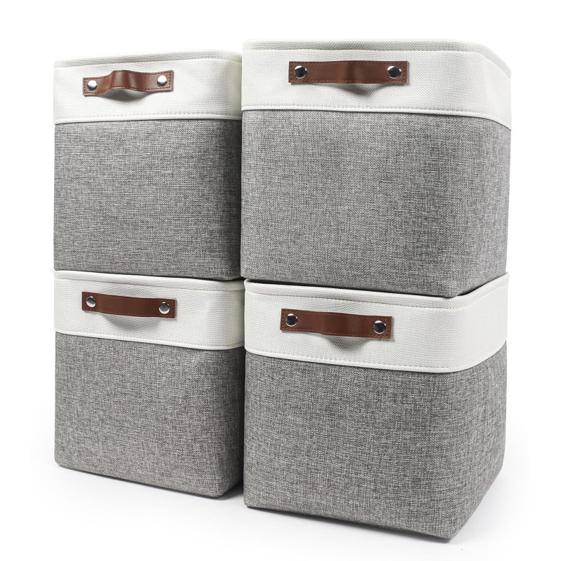 Bagnizer Collapsible Fabric Storage Cubes 11x11 Cube Storage Bins 4 Pack Closet Baskets Box with Handles for Organizing Shelf Toys Clothes Home Office Nursery GreyWhite