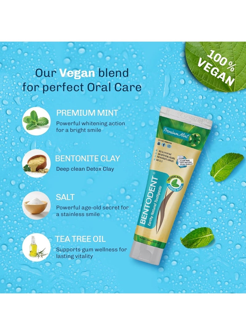 BENTODENT Natural Toothpaste Premium Mint flavor 100g, Pack of 2, Fluoride Free, Foam Free & SLS Free - Image 2