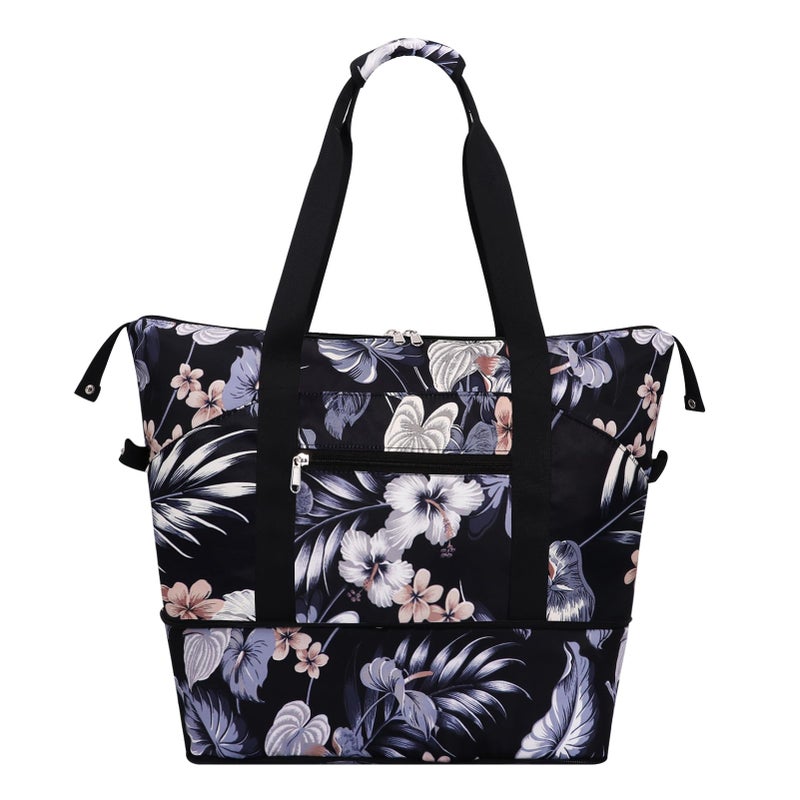 HAWEE Expandable Duffel Bag for Women with Trolley Sleeve and Wet Pocket Water Repellent Weekender Travel Tote Large Capacity Carry On Overnight Luggage Hibiscus - Image 2