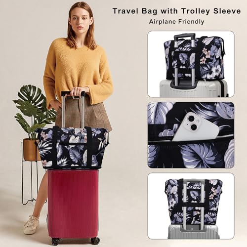HAWEE Expandable Duffel Bag for Women with Trolley Sleeve and Wet Pocket Water Repellent Weekender Travel Tote Large Capacity Carry On Overnight Luggage Hibiscus - Image 3
