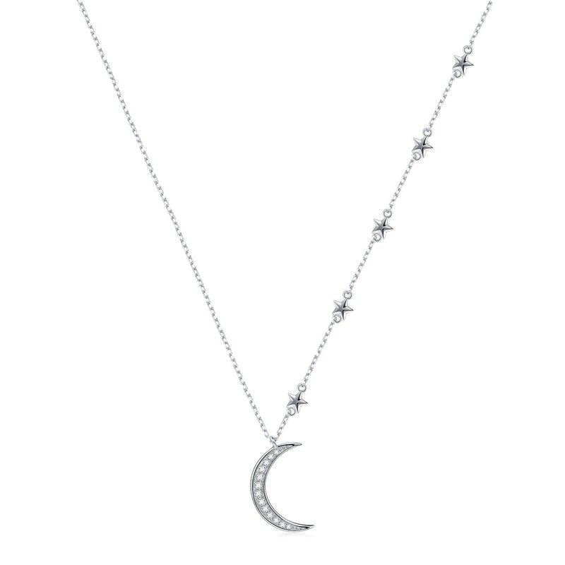 Ladytree 925 Sterling Silver Crescent Moon and Star Celestial Jewelry CZ White Shell Beads Mother of Pearl Pendant Necklace Rolo Chain 18 inches to 20 inches - Image 1