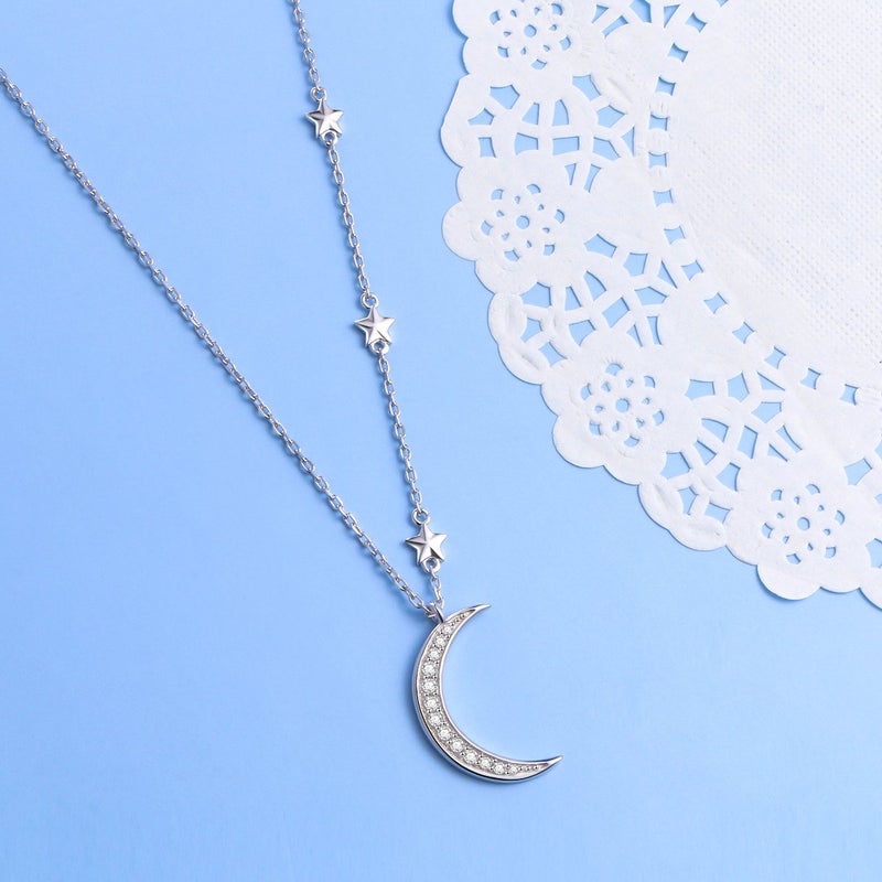 Ladytree 925 Sterling Silver Crescent Moon and Star Celestial Jewelry CZ White Shell Beads Mother of Pearl Pendant Necklace Rolo Chain 18 inches to 20 inches - Image 3