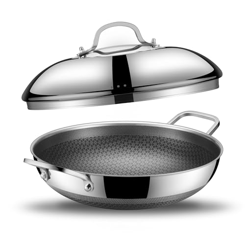 SNOWCLAD Wok, 13 Inch Hybrid Woks & Stir-fry Pans Nonstick with Double Handles, Non Toxic Stainless Steel Wok Pan with Lid, Dishwasher Induction Oven Broiler Safe - Image 1