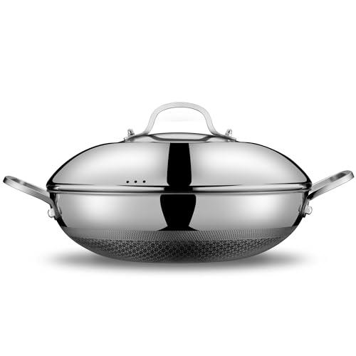 SNOWCLAD Wok, 13 Inch Hybrid Woks & Stir-fry Pans Nonstick with Double Handles, Non Toxic Stainless Steel Wok Pan with Lid, Dishwasher Induction Oven Broiler Safe - Image 2