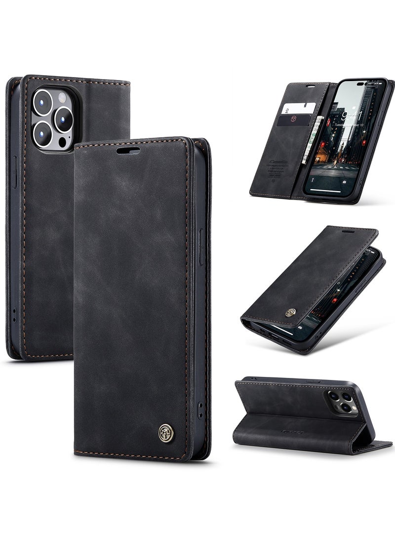 CaseMe Phone Case Luxury PU Leather Design 013 Flip Cover Card Slot Holder Cover For IPhone 15 Pro Max  (Black) - Image 1
