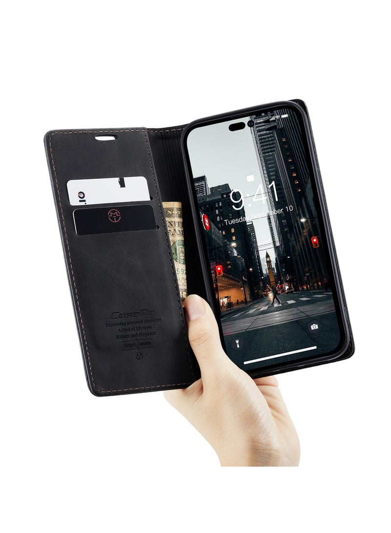 CaseMe Phone Case Luxury PU Leather Design 013 Flip Cover Card Slot Holder Cover For IPhone 15 Pro Max  (Black) - Image 2