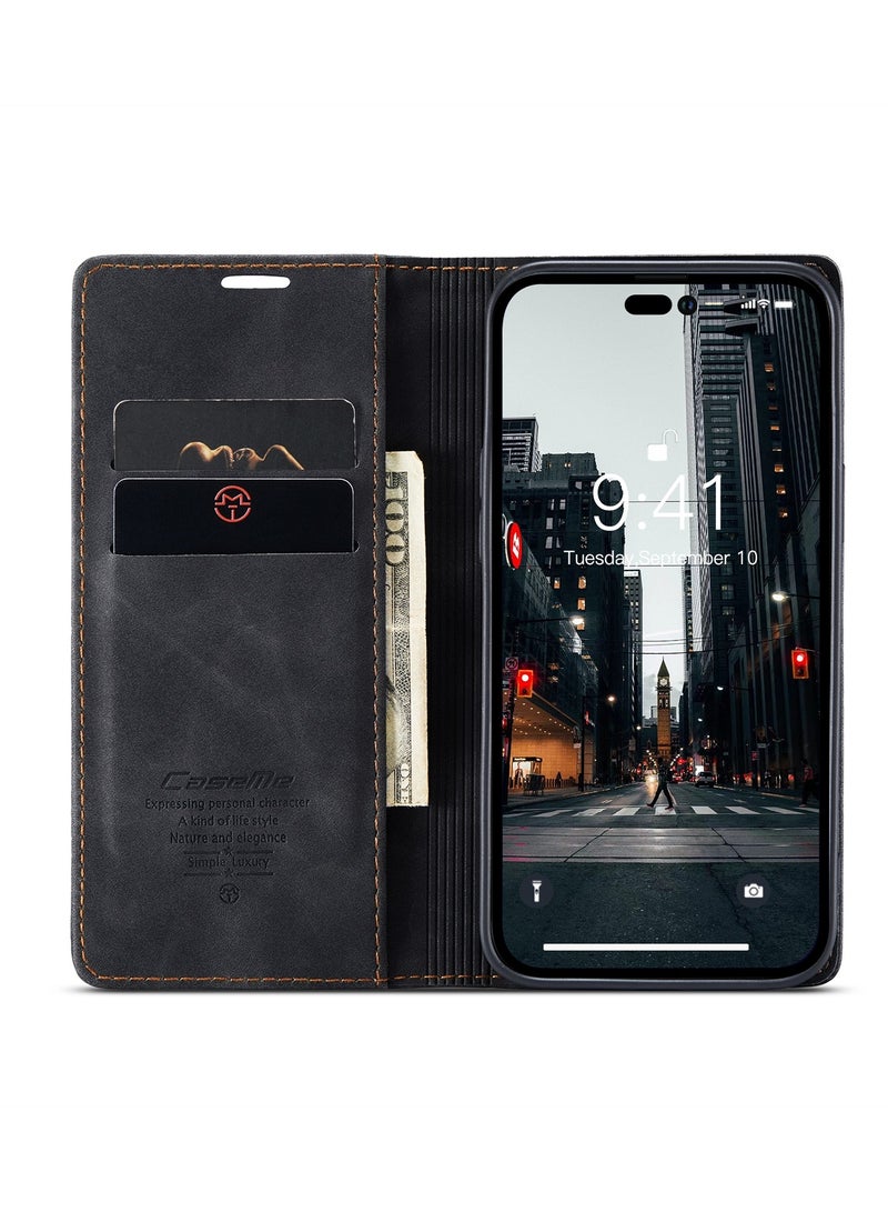 CaseMe Phone Case Luxury PU Leather Design 013 Flip Cover Card Slot Holder Cover For IPhone 15 Pro Max  (Black) - Image 3