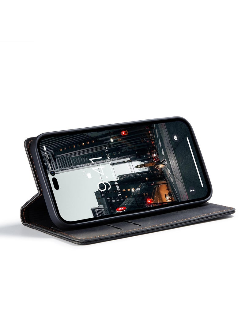 CaseMe Phone Case Luxury PU Leather Design 013 Flip Cover Card Slot Holder Cover For IPhone 15 Pro Max  (Black) - Image 4