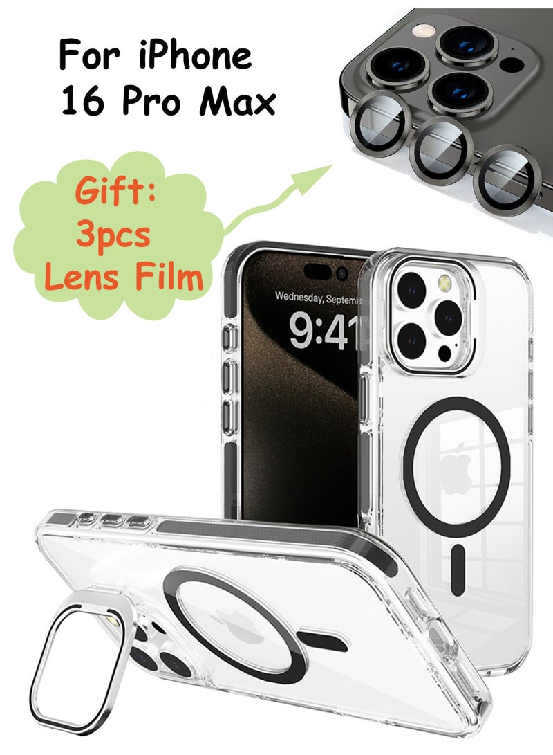 Clear MagSafe Case For iPhone 16 Pro Max, Shockproof Anti-Yellow Phone Cover With Camera Ring Stand Full Protection - Image 1