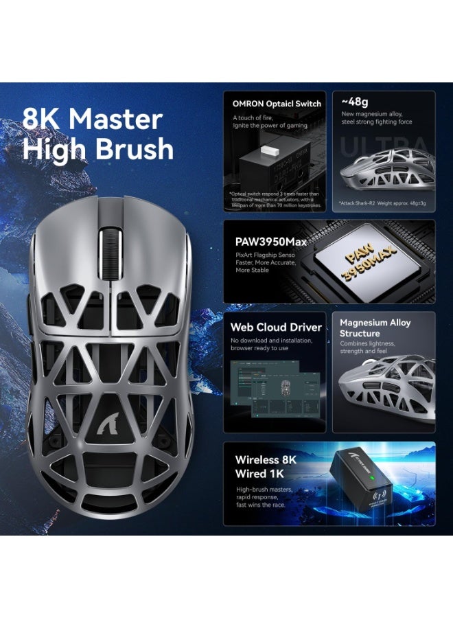 Attack Shark Ultra-light 48g gaming mouse R2 , made of magnesium alloy with elegant CNC metal design, PixArt sensor with up to 42000 DPI accuracy and 8000Hz wireless response, supports 3 connection modes (Type-C wired, Bluetooth, 2.4G), ultra-fast control and perfect movement accuracy, no-load cloud control software for customizing buttons and macros, ergonomic design suitable for gaming, design and work - Silver - Image 3