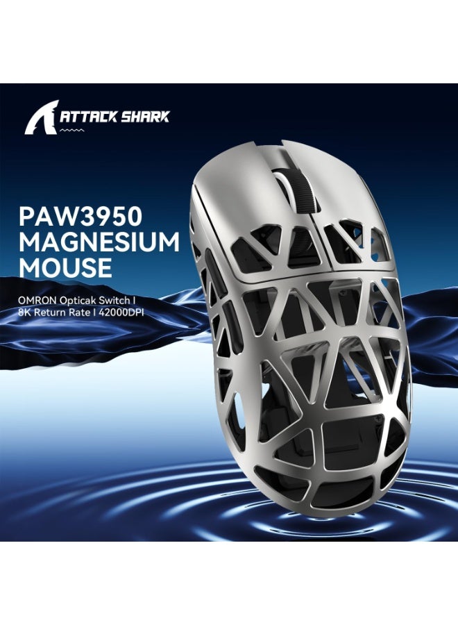 Attack Shark Ultra-light 48g gaming mouse R2 , made of magnesium alloy with elegant CNC metal design, PixArt sensor with up to 42000 DPI accuracy and 8000Hz wireless response, supports 3 connection modes (Type-C wired, Bluetooth, 2.4G), ultra-fast control and perfect movement accuracy, no-load cloud control software for customizing buttons and macros, ergonomic design suitable for gaming, design and work - Silver - Image 5