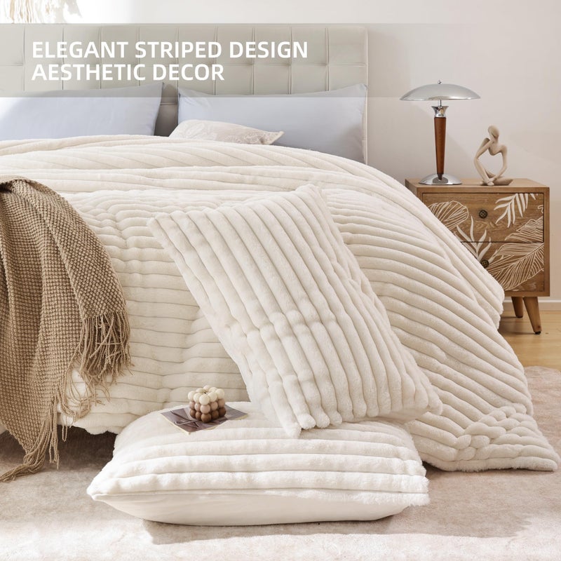 Smoofy Fluffy Full Size Comforter Sets 3 Pieces - Cream White Fleece Fluffy Comforter Set, Luxury Fuzzy Full Bed Set, Soft Comforter Full Size All Season, Heavy Faux Fur Comforter with 2 Pillow Cases - Image 3