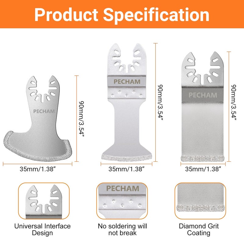 PECHAM 9PCS Diamond Oscillating Tool Blade, Multi Tool Blades Kits for Grout Removal and Soft Tile Cut, Fit Porter Cable Black & Decker Rockwell Ridgid Ryobi Milwaukee Chicago Craftsman - Image 4