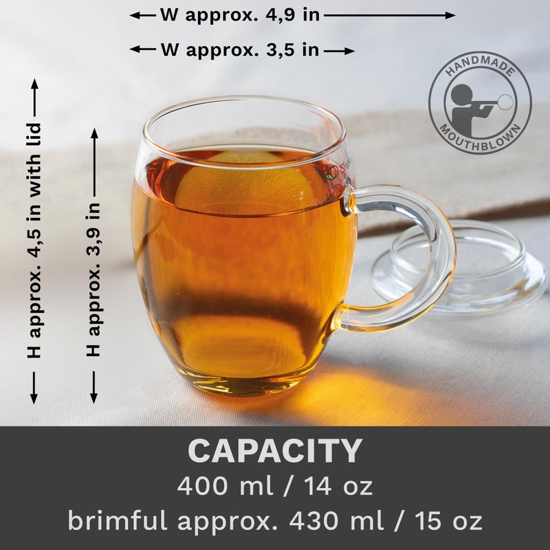 Creano Tea Glass with Infuser and Lid 400ml - Large Tea Cup - Microwave & Dishwasher Safe - Loose Leaf Tea Maker Gift Set - Image 4