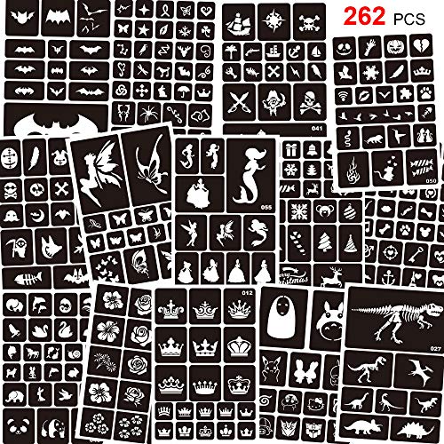Konsait 262pcs Temporary Tattoos Stencils for Kids, Reusable Face and Body Paint Stencils Kit, Girl Boy Glitter Tattoos Stencils for Kids School Show Birthdays Halloween Christmas Party Favor Supplies - Image 1