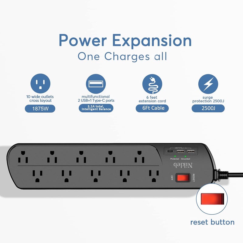 Nikleb Extension Cord with Multiple Outlets, Surge Protector Power Strip with USB, 6ft Power Cord, 10 Wide Outlets, 2 USB+1 USB C Fast Charging Ports, Wall Mount, Heavy Duty, Home, Office Accessories - Image 2