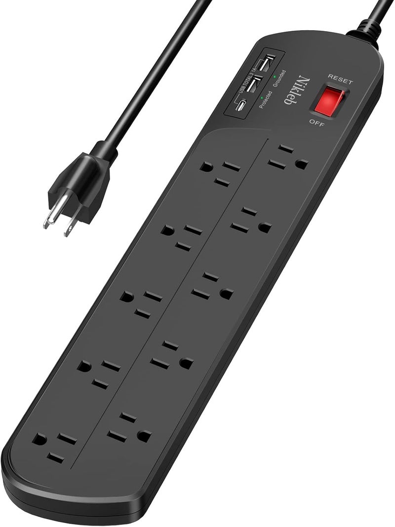 Nikleb Extension Cord with Multiple Outlets, Surge Protector Power Strip with USB, 6ft Power Cord, 10 Wide Outlets, 2 USB+1 USB C Fast Charging Ports, Wall Mount, Heavy Duty, Home, Office Accessories - Image 1