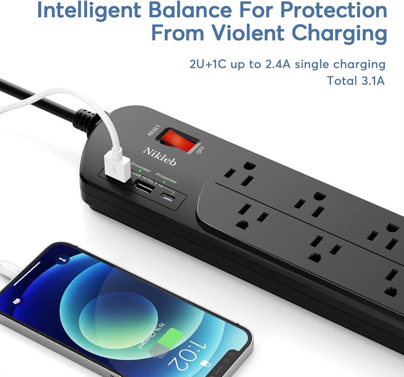 Nikleb Extension Cord with Multiple Outlets, Surge Protector Power Strip with USB, 6ft Power Cord, 10 Wide Outlets, 2 USB+1 USB C Fast Charging Ports, Wall Mount, Heavy Duty, Home, Office Accessories - Image 3