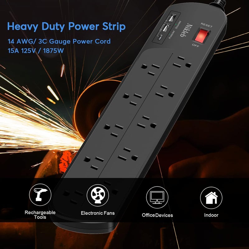 Nikleb Extension Cord with Multiple Outlets, Surge Protector Power Strip with USB, 6ft Power Cord, 10 Wide Outlets, 2 USB+1 USB C Fast Charging Ports, Wall Mount, Heavy Duty, Home, Office Accessories - Image 5