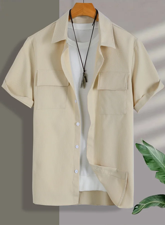 Take Two Men Beige Short Sleeve Button-Down Shirt