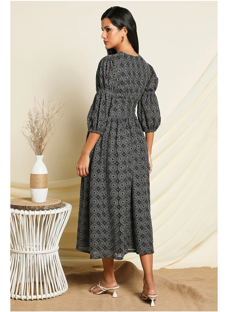 كوتور لابس Long Sleeves Fit Flare Schiffli Midi Dress