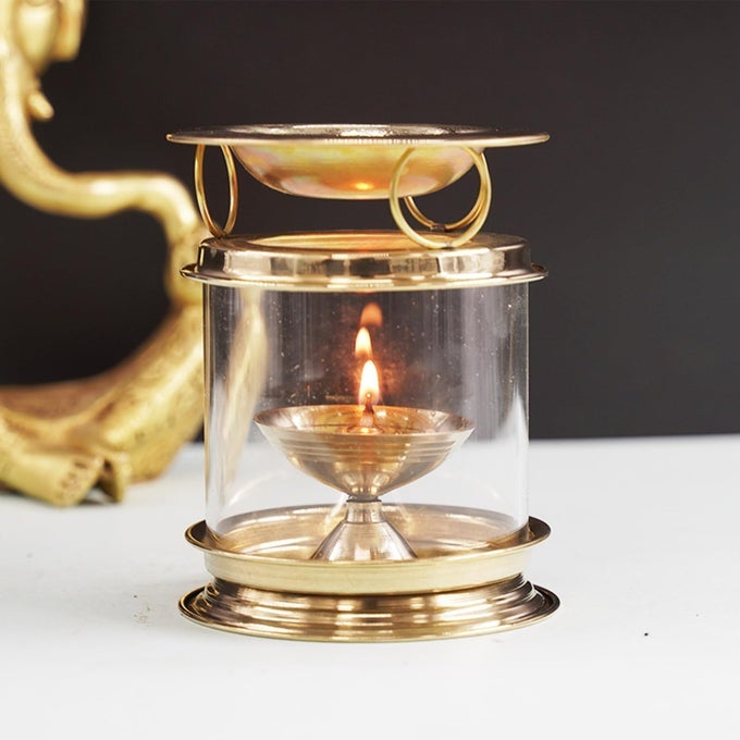 AROMATHERAPY OIL MODEL AKHAND DIYA FOR POOJA BRASS OIL LAMP WITH GLASS COVER AKHAND DEEPAK FOR SPIRITUAL USE