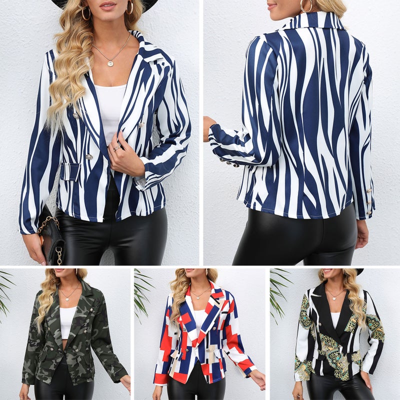 Women Print Blazer Notched Lapel Long Sleeve Casual Jacket - Image 5