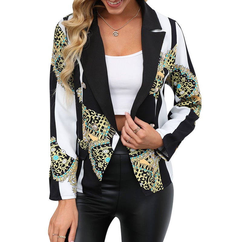 Women Print Blazer Notched Lapel Long Sleeve Casual Jacket - Image 1