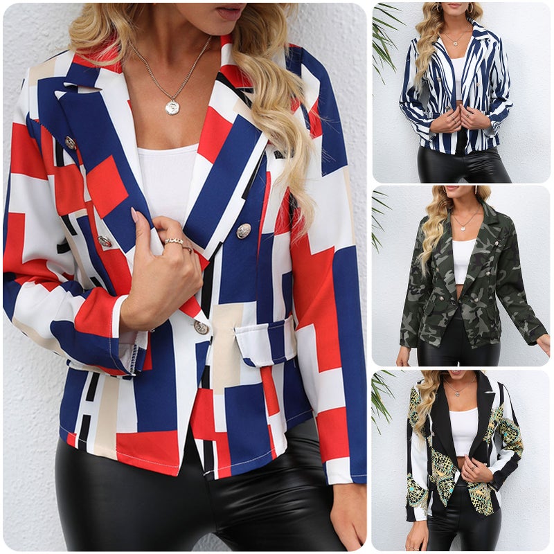Women Print Blazer Notched Lapel Long Sleeve Casual Jacket - Image 4