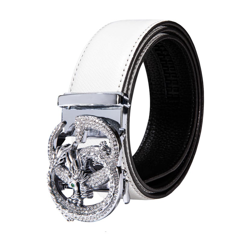 Dubulle Men's White Belt Silver Buckle Ratchet Genuine Leather Adjustable Belts Casual Dress Gift - Image 1