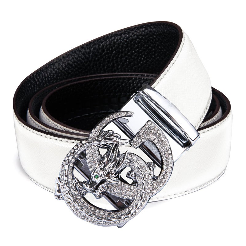Dubulle Men's White Belt Silver Buckle Ratchet Genuine Leather Adjustable Belts Casual Dress Gift - Image 2