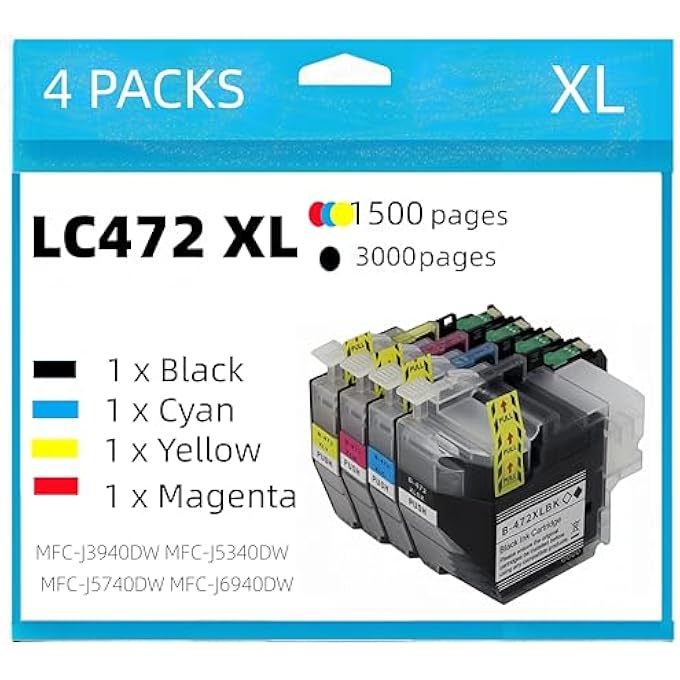 LC472XL INK CARTRIDGE COMPATIBLE FOR BROTHER LC472XL LC472 FOR BROTHER MFC-J3940DW MFC-J5340DW MFC-J5740DW MFC-J6940DW PRINTER 4 PACK - Image 2