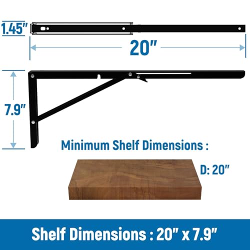LEOPO 20 inch Folding Shelf Brackets2 Pack Foldable Heavy Duty Triangle Collapsible Wall Mounted Brackets for Fold Down Table Space Saving for Bench Table with Screws Black - Image 3