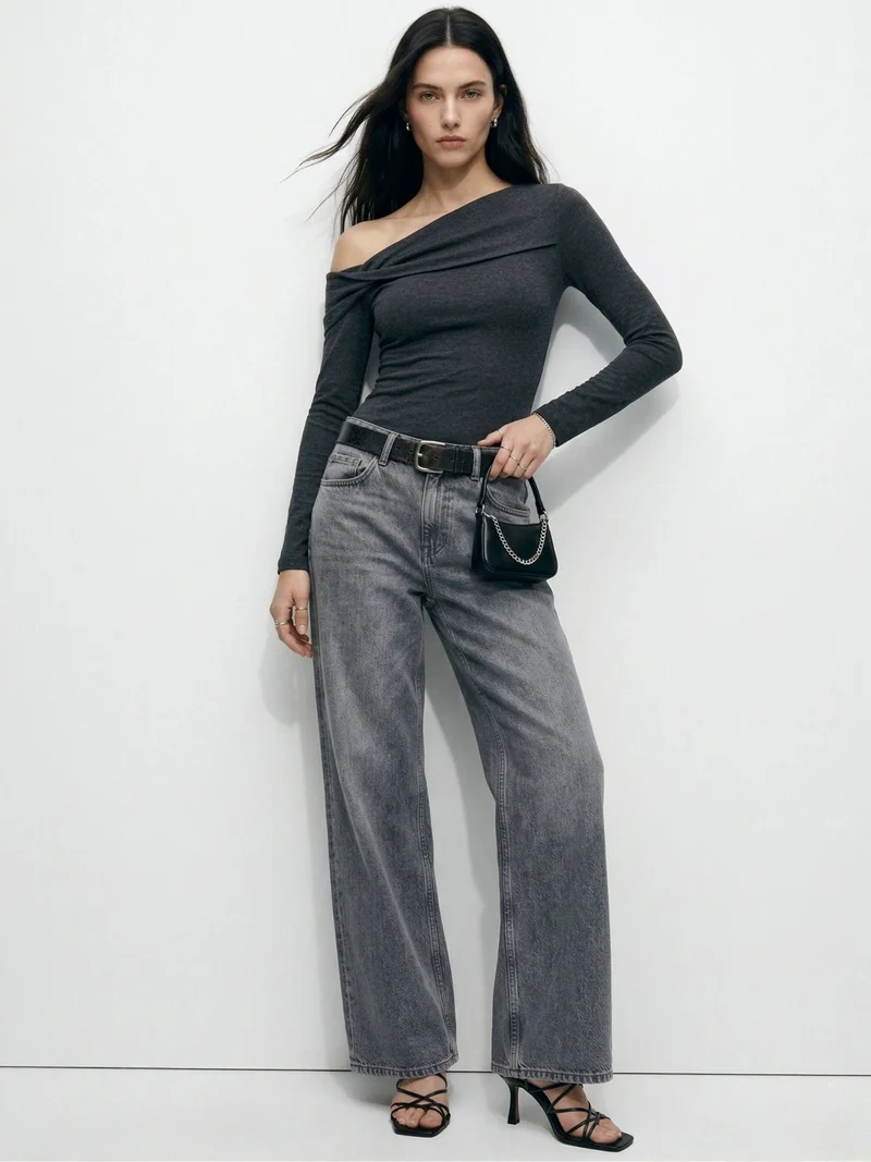 Outzidr  Charcoal Off-Shoulder Twisted Detail Top for Women | Best Price UAE