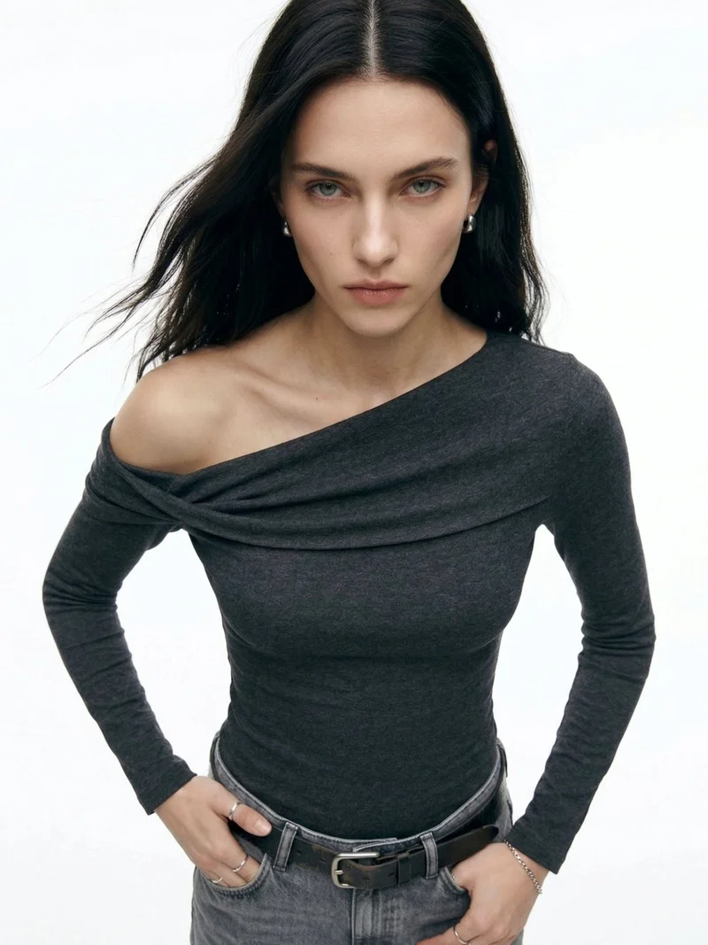 Outzidr  Charcoal Off-Shoulder Twisted Detail Top for Women | Best Price UAE