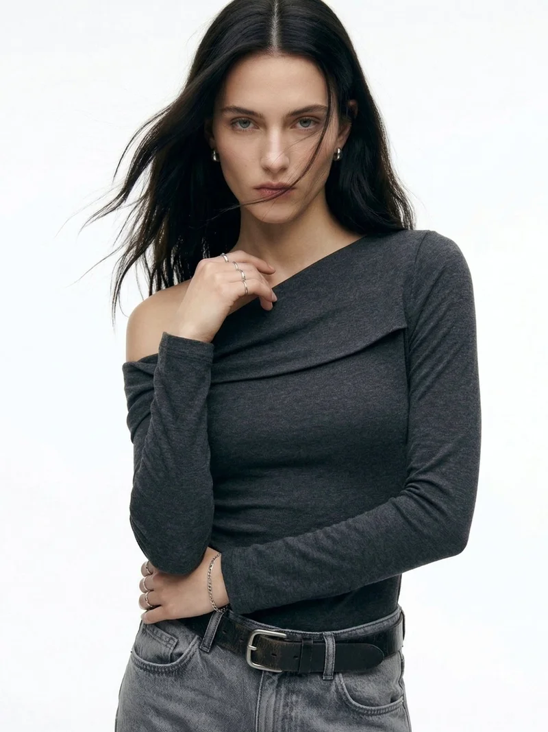 Charcoal Off-Shoulder Twisted Detail Top