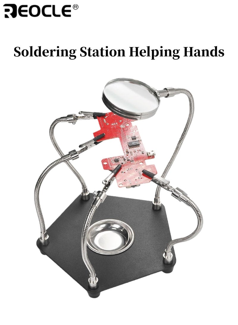 REOCLE Soldering Station Helping Hands with Magnifying Glass and Screwdriver Third Hand Solder Tool PCB Holder Heavy Duty Base Plate Four Flexible Arms for Soldering and Electronic Repair - Image 1