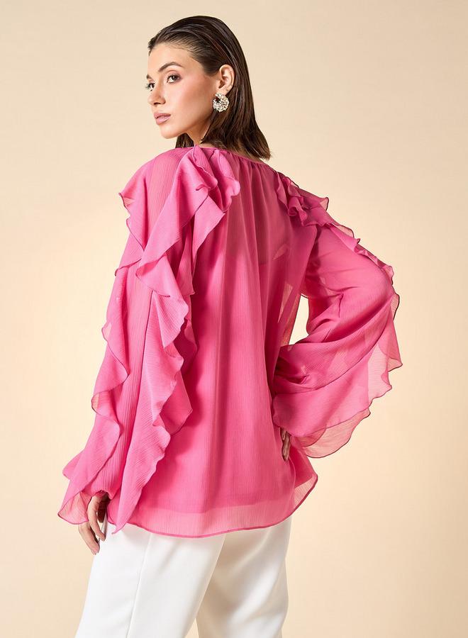 ايكونيك بلوزة أيقونية بتفاصيل كشكش ورقبة على شكل  وأكمام طويلة - Image 3